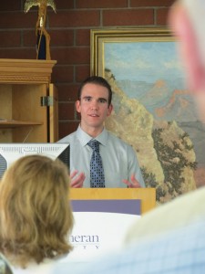 A culmination of student work:  Alexander Daley presents his work on Monday during the Topics in Religion session.  Photo by Melina Esparza - Photo Editor