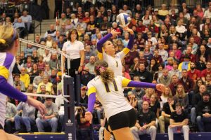 National Stage: CLU stood respectfully at the conclusion of  the Nov. 23 national title game in Holland, Mich. First team All-American Kylie McLogan was the top scorer in the match with 29.5 points and 28 kills while Jackie Russell (pictured) led the match in assists with 58.