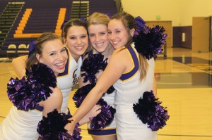 Cheering their way to greatness:  Cheerleaders Tiffany Caprine, Tori Morris, Jordyn Niblack and Kendra Lewin represented CLU when they were featured in a Chrysler car commercial that aired during the Superbowl. The quartet hopes to cheer for all campus sports, bringing students school spirit year round. Photos by Anna Coulson-  Staff Photographer