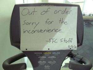 Out of order: Several treadmills in the cardio mezzanine of the Forrest Fitness Center appear to be out of order.  According to Paul Hartmann, coordinator for recreational sports, many of the machines have actually just overheated and need to be reset by one of the FFC staff members.   Photos by Haakon Asker- Staff Photographer