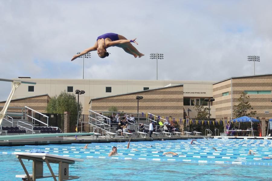 Going out on a high: Sheyenne Machida finished her final home meet with two first place finishes in the 1-meter and 3-meter dive.
Photo by Areli Diaz - Staff Photographer