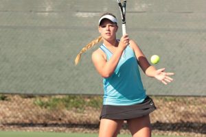 Ridin’ Solo: Dana Raugust was the only player to record a point for CLU on April 4 at Poulson Center against CMS. She won her singles match 6-0, 6-2.  Photo by Melina Esparza - Photo Editor