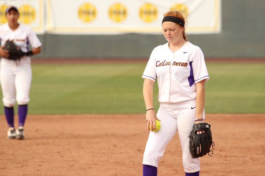 Looking for answers: Courtney Sooy (9-7) was handed two losses this weekend, however, only three of the 10 runs given up were earned April 18 against CMS.
Photo by Kayla Gamache - Staff Photographer