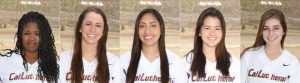 From left to right: Katelyn Downing, Danika Green, Kelly Lockwood, Stephanie Martello and Kayla Sakamoto all played their last game for the violet and gold on April 26. Photos courtesy of CLU Sports