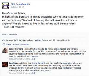 CLU Compliments: On the CLU Compliments Facebook Page, Barnard and several other students expressed how they felt about the burglary. Screenshot courtesy of CLU Compliments Facebook page.