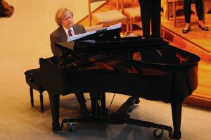 Time to play: Lauridsen played some of his music to students at California Lutheran University.