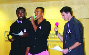 Men in pink: Jamell Dorton, Andrew Atakpo and Nolan Forghani were the emcees of the Lee Denim Day Men’s Fashion Show, raising funds for breast cancer awareness. Photo by Charlotte Luisas - Staff Photographer