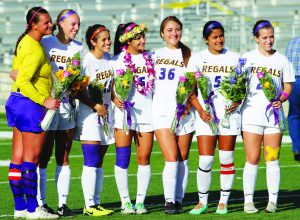 Honoring seniors: The Regals soccer team lost to Chapman 1-0 in their regular season final. (Picutred above L-R) Seniors Kristin Bailey, Heidi Ferkranus, Nancy Nunez, Alli Calabrese, Sierra Duarte, Yahaira Hernandez, and Kelly Morro were all honored before the game in a ceremony. Next for the Regals is the SCIAC tournament, where they will host Pomona-Pitzer on Nov. 5.  Photo by Andrea Whisler - Staff Photographer