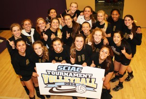 The Regals posing after winning their third consecutive SCIAC tournament.