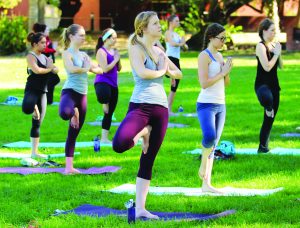 Inhale, exhale: The students listened to yoga instructor Lisa Wildermuth as they focused their energy on their breathing and balance while doing the tree pose. Photo by Andrea Whisler - Staff Photographer