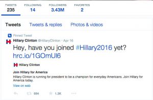 Presidential candidate Hillary Clinton has chosen a campaign strategy based online.   Photo courtesy of Hillary Clinton's campaign Twitter profile. 