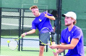 Doubles partners Fergus Scott (back) and Oliver Thornton (front) won round 64 but were bounced from the tournament in the sweet sixteen.  Photo courtesy of Tracy Maple - Sports Information Director