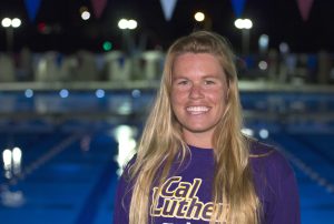 Redemption: One year after tearing her ACL, Katie Kochalko had a breakout season for the Regals, setting a Cal Lutheran record for the 200 individual medley in 2014-2015.  Photo by Brady Mickelson - Staff Photographer
