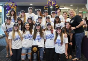 Regals volleyball team celebrates at the CLU school rally to honor their national title. Photo by Annika Stenfjord - Photo and Web Editor