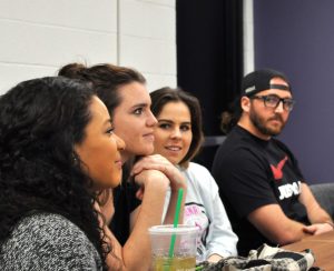 Students listen as current Resident Assistants explain the selection process to those interested in applying for a campus leadership role as an RA.  Photo by Amanda Marston - Staff Photojournalist