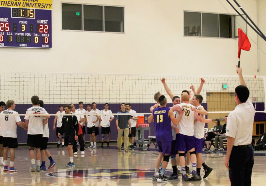 After losing their first eight games, the Kingsmen volleyball team celebrates after putting together a dominant performance against Moorpark College. 
Photo by Jackie Rodriguez - Staff Photographer
