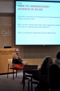 Katrina Karkazis, a researcher from Stanford University, talks to students, faculty and guests about issues of determining the gender of athletes through sex-testing. Photo by Amanda Marston - Staff Photographer