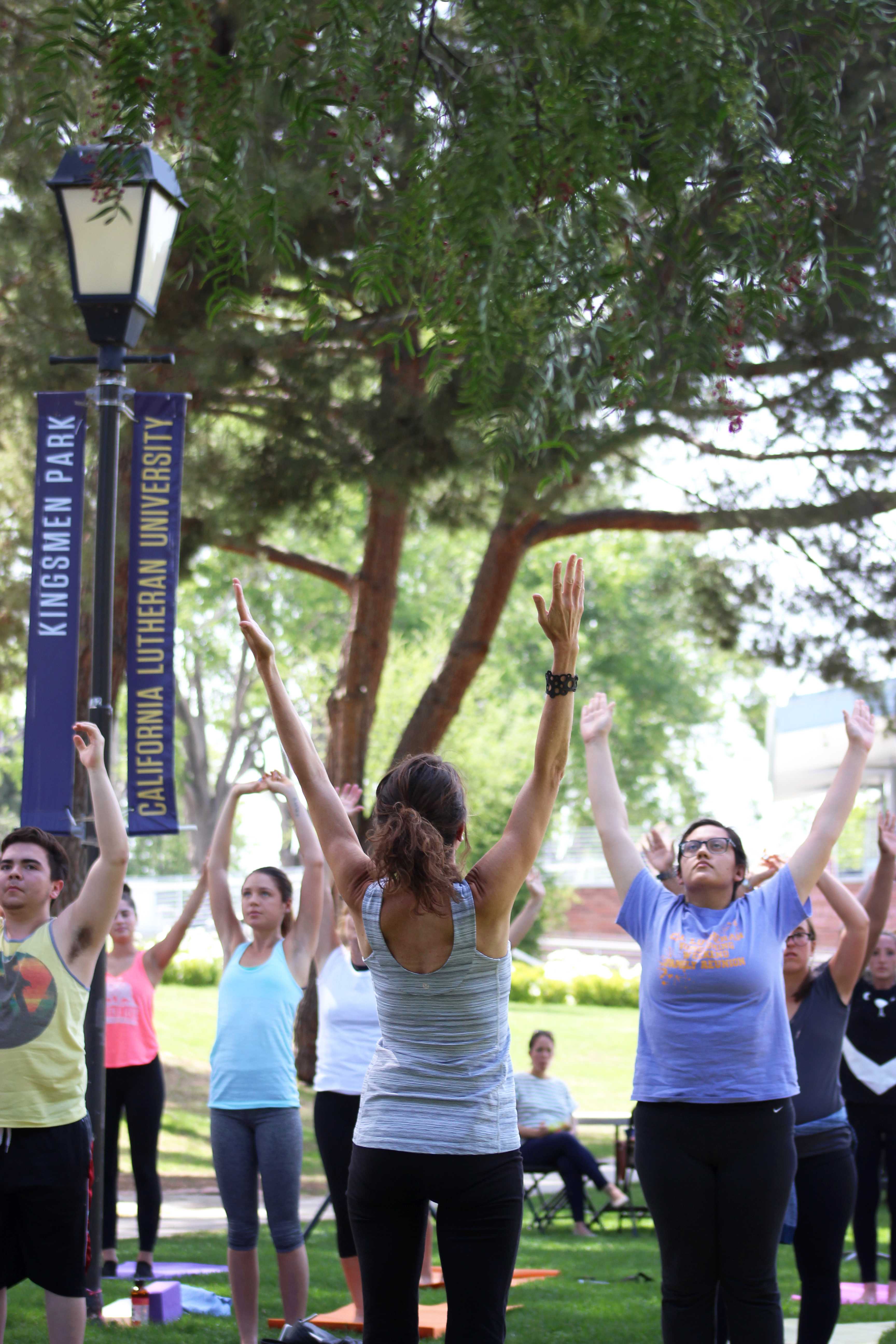 Professor Lyons’ class gathers for yoga in the park, an event put on by Student Life to celebrate Green Week. Photo by Amanda Marston - Staff Photographer
