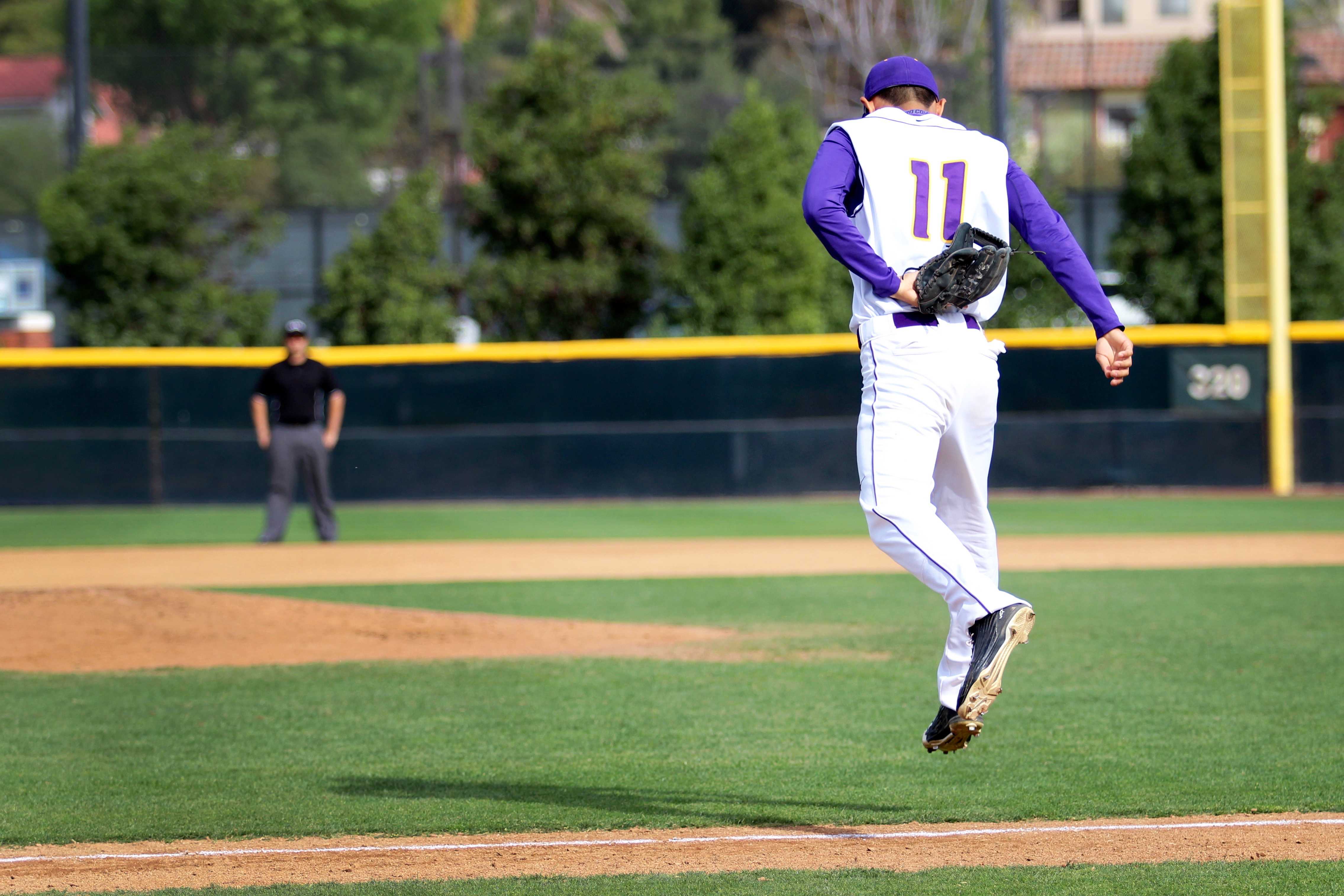 The Kingsmen won both games of a doubleheader on May 1. Junior pitcher/catcher Trey Saito started the first game on the mound and hit a walk-off single in the second game.  Photo by Roman Valenzuela - Staff Photographer