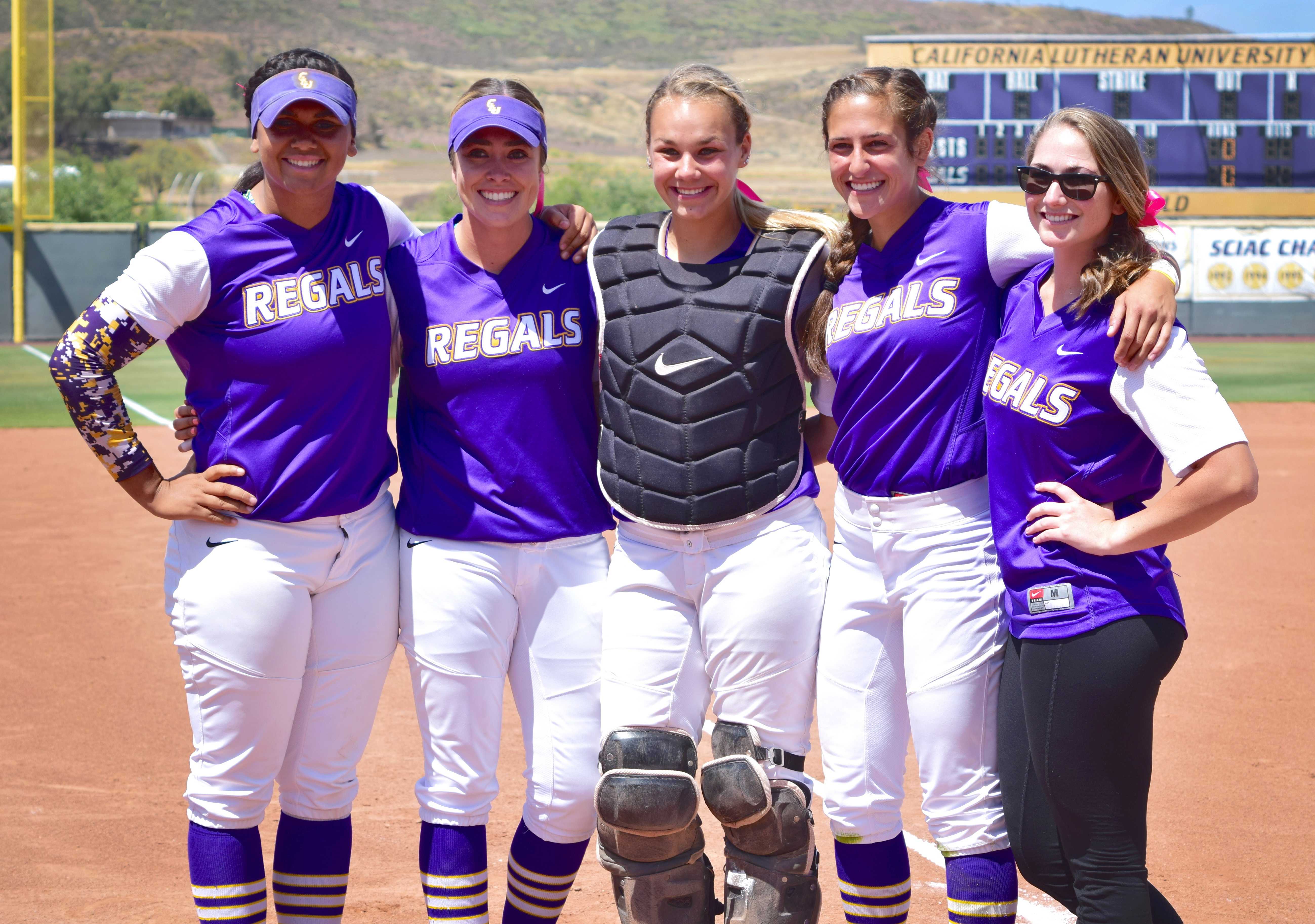  Seniors Blake Lewis, Andrea Brackpool, Taylor Beacham, Hannah Brown and Brittney Reed were honored after the double-header this past Friday. Photo by Roman Valenzuela - Staff Photographer