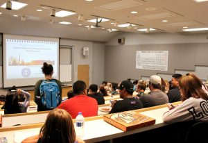 Finding opportunities: Students gather in Richter Hall to learn about opportunities for graduate school from the Psi Chi International Honor Society.  