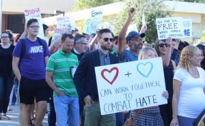 Spreading love: The Cal Lutheran community marches down the spine toward Gumby to express solidarity for minority groups following the divisive presidential election.