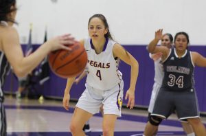 Leading the way: Regals senior guard Jessica Salottolo leads her team to a victorious season, currently sitting at a close second to Claremont-Mudd-Scripps in SCIAC. Photo by Tracy Olson--Sports Information Director