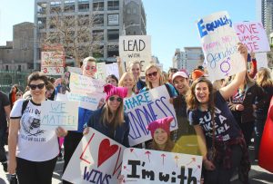 Hitting the streets: Cal Lutheran students team up with other activists across Los Angeles participating in the Women’s March. From left to right: Brooklyn Ramos, Kyle Poppert, Emma Hardiman, Annika Dybevik, Megan Hancer, Anna Berg, Amanda Hancer, Kevin Repich and Sophia Roberts.