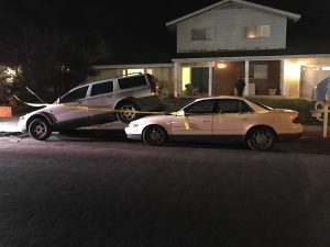 A parked Volvo XC 70 was pushed on top of a Buick Regal both belonging to residents on Faculty St.