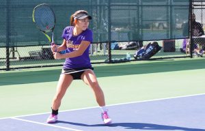 Double bagel: Senior Shelby Kubota helped her team to a 9-0 victory over Whitier with her doubles score of 8-1 alongside of sophomore Christie Kurdys. Photo by P.K. Duncan--Staff Photographer