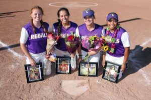 (Left to Right) Seniors Courtney Sooy, Amanda Lewis, Emily Manwell and Nicole White-Madalora celebrate their senior day with a split against Pomona-Pitzer. Photo credit Tracy Olson--Sports Information Director