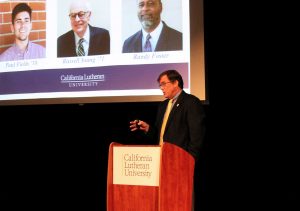Looking toward the future: President Kimball gives the second annual  State of the University address to an audience of faculty and staff in the Preus-Brandt Forum at Cal Lutheran.  Photo by Saoud Albuainain - Photojournalist