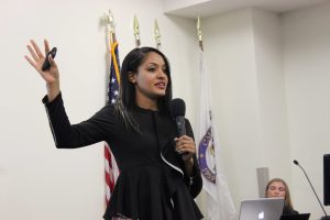 Proof it can happen to anyone: Rachel Thomas, director of Sowers Educational Group, speaks at Wednesday’s human trafficking panel from her perspective as a survivor of human trafficking. Photo by Rachel Holroyd- Photojournalist