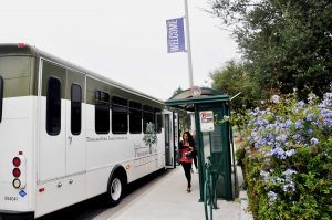 The daily commute: Second-year students Katherine Orantes and Valeria Flores exit the bus arriving from Newbury Park for early-morning classes. (Photo by Francisco Atkinson - Photojournalist)
