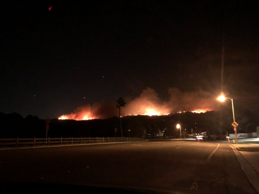 The view of Woolsey fire burning on a ridge from Ventura County Fire Department Station 44. Taken Nov. 9 at 11:21 p.m.  Photo by Brooke Stanley - Sports Editor