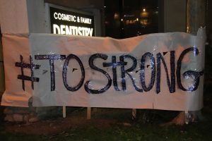 #TOStrong reads a banner posted near Thousand Oaks City Hall, where a community vigil was held on Thursday, Nov. 8 at 6 p.m.  Photo by Arianna Macaluso - Photo Editor