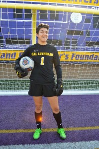 Sophomore goalkeeper Gabby Flores is tied for fourth in the Cal Lutheran record books for solo shutouts, just two shutouts behind the 2012 record set by her goalkeeper coach, Kiki Bailey.  Photo by Sarah Harber -Photojournalist
