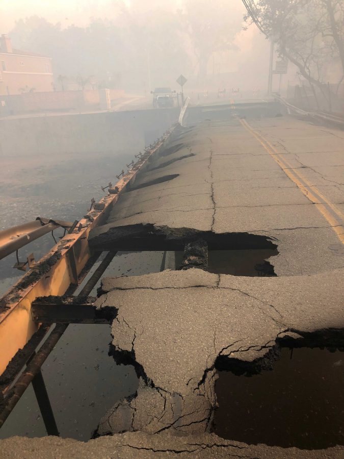 Rerouting: Select parts of a bridge off Mulholland Highway in Los Angeles begin to sink after the Woolsey Fire jumped Highway 101 Nov. 9. Road closures spanned Highway 101 in both directions from Reyes Adobe Road to Valley Circle Blvd.
Photo by Francisco Atkinson - Photojournalist