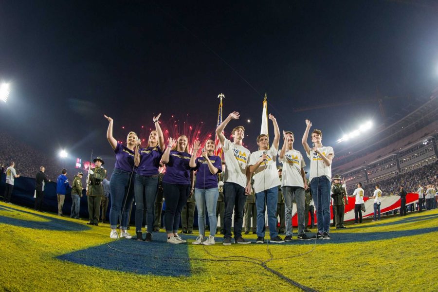 The Cal Lutheran Quartet waves to a crowd of over 70,000 after singing the national anthem on Monday, Nov. 19 at the Los Angeles Memorial Coliseum.
Photo by the LA Rams, provided by Karin Grennan- California Lutheran University Media Relations Manager 