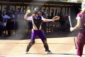 During the Regals' doubleheader against the Bulldogs, junior catcher Lexie Findley totaled one hit and one run, including a single off a bunt.  (Photo by Gabby Flores - Photojournalist)