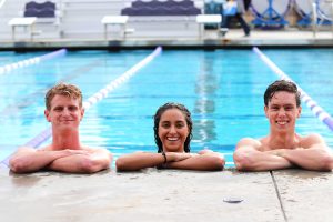 After impressive season performances, junior distance swimmer Ben Brewer (left), senior sprinter Grace Sanchez (center) and sophomore mid-distance swimmer AJ Nybo (right) will continue their swimming season as they head to North Carolina March 20-23 to compete in the NCAA Division III Swimming and Diving Championships.  (Photo by Arianna Macaluso - Photo Editor)