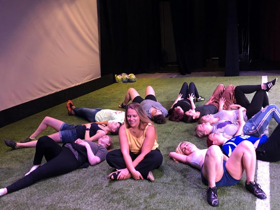 The all female cast got their soccer on during rehearsal for the student led production “The Wolves.” For this play, the Preus-Brandt Forum stage was covered with turf. 