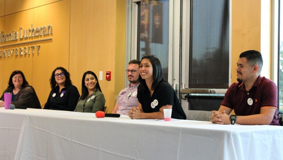 Sharing their experiences: Cal Lutheran staff and students shared their stories of being first-generation college students during a panel on Nov. 4. From left to right, Dean of the College of Arts and Sciences Jessica Lavariega Monforti, Assistant Director of Student Life Nicole Gonzales, Admission Counselor Diana Hernandez, Assistant Professor Allan Knox, student Mireya Milian and student Aldo Campos-Garcia.