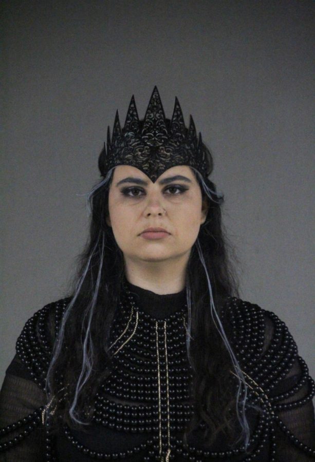 Julia Weiss dressed in full costume for her role as Queen Lear. She originally auditioned for the male role of King Lear, but director Michael Ardnt decided a Queen Lear would be more fitting.