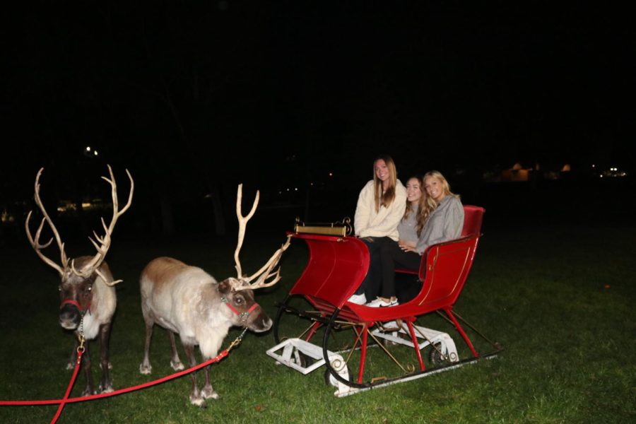 Cal Lutheran Students Paige Sanders, Jenna Starn, and Hannah Anderson pose with the reindeers. 