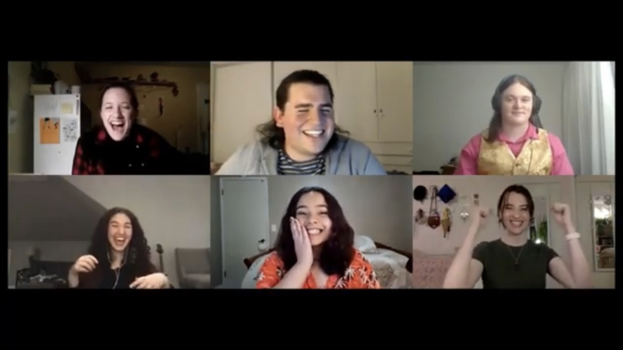 Everyone playing a game of D&D together on Zoom. 