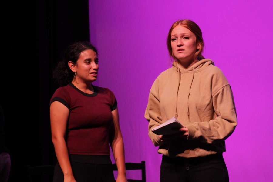 Actresses Zoe Monge (left) and Deanna Alvarado (right) sharing the stage in the upcoming play Roe. Performances are Oct. 19th, 20th, and 21st at 8 p.m. in the Preus-Brandt Forum. 