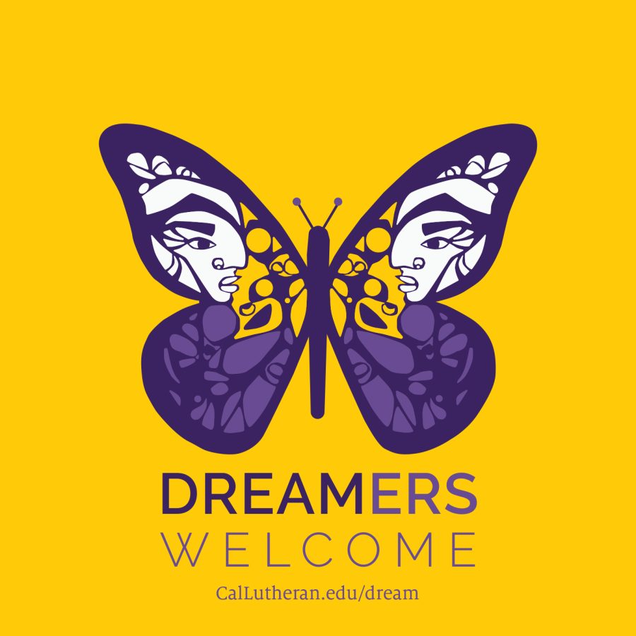 Purple, white and black butterfly on a yellow background. There is text underneath saying DREAMers Welcome with a callutheran.edu/dream link following these words.