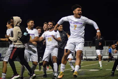 The Kingsmen soccer tea m celebrate following their victory over Redlands in the quarterfinals of the SCIAC tournament.