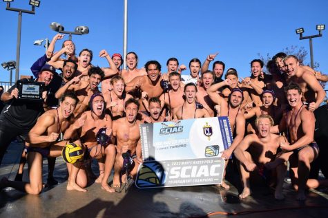 The Kingsmen water polo team celebrate following their victory in the SCIAC tournament.
